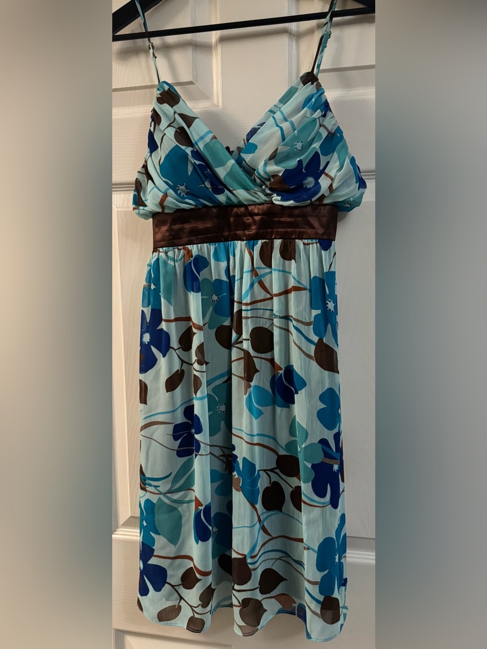 Alyn Paige Aqua Blue Floral Empire-Waist Dress with Brown Sash
